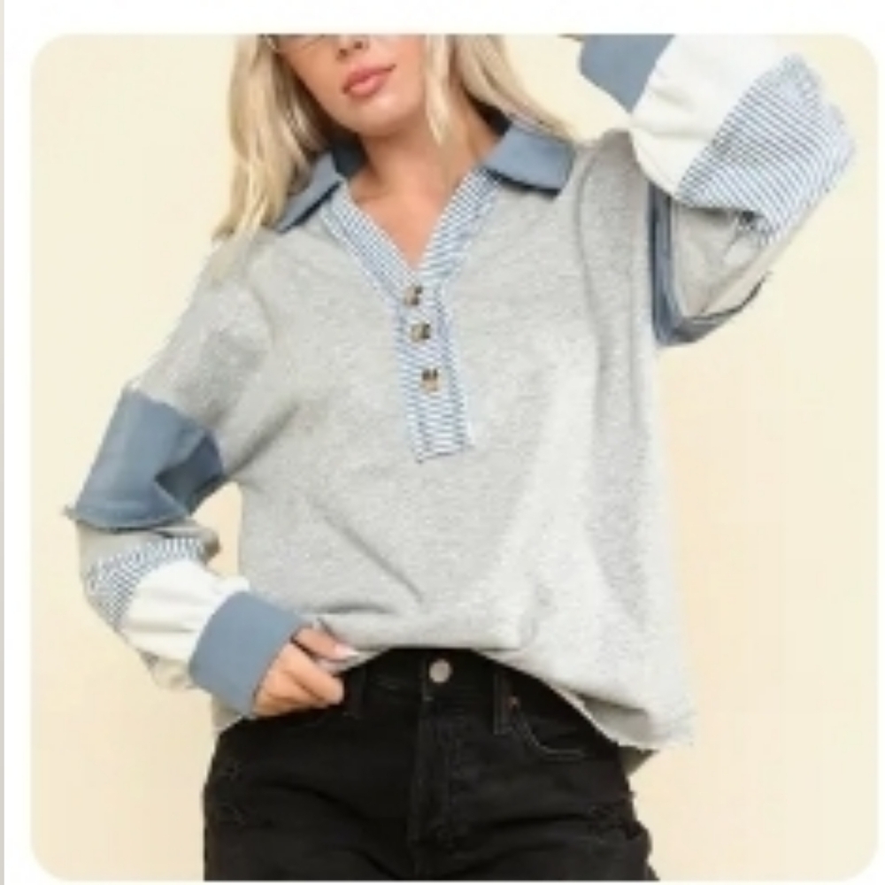 New In Brand V-Neck Henley Style Relaxed Fit Oversized Sweatshirt Top PTP 26